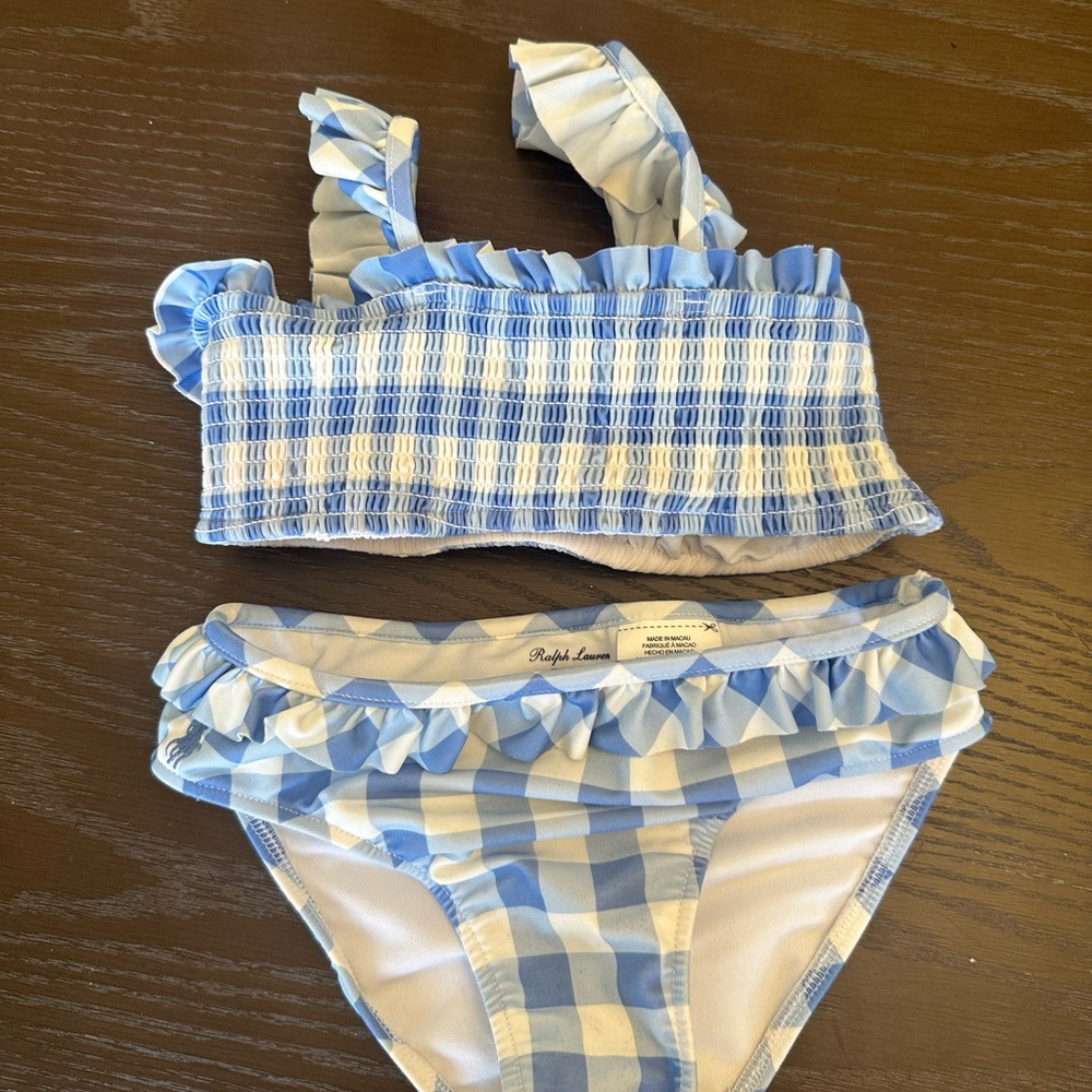 Ralph Lauren Light Blue and White Gingham Kids Swim Bikini